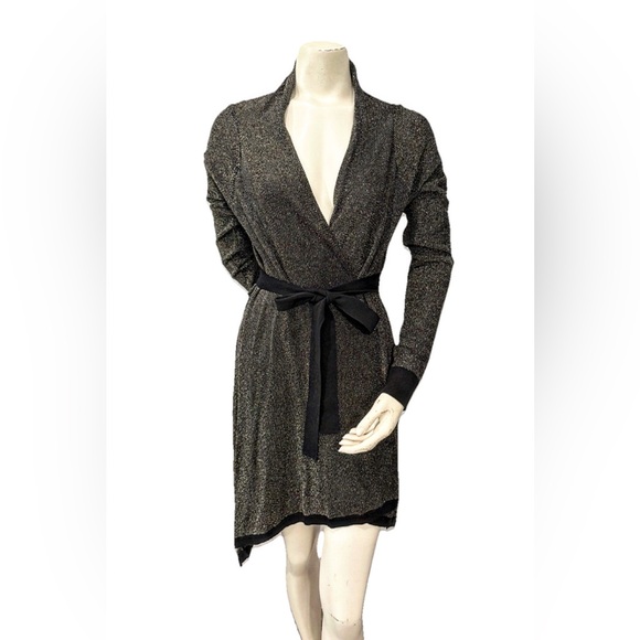 BCBG Paris Metallic Gold Black Open Front Cardigan Women’s M Stretch Belted - Picture 2 of 9